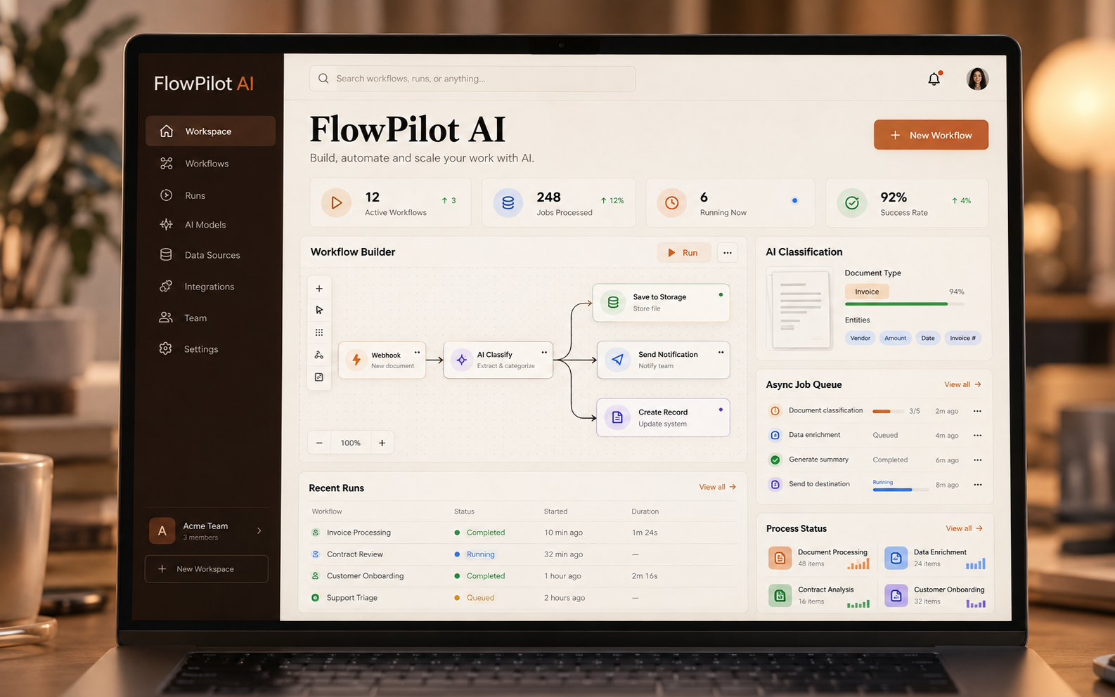 Mockup visual da interface do FlowPilot AI